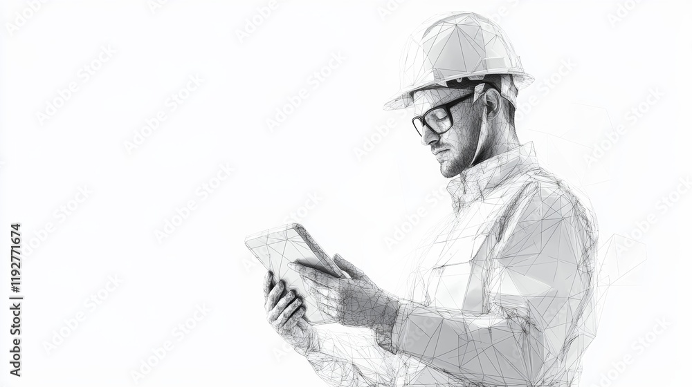 Abstract polygonal isolated engineer in technology style on a white background. Industry safety or architecture concept. Worker in white helmet holding tablet. Low poly wireframe vector illustration. Abstract polygonal isolated engineer in technology style on a white background. Industry safety or architecture concept. Worker in white helmet holding tablet. Low poly wireframe vector illustration.