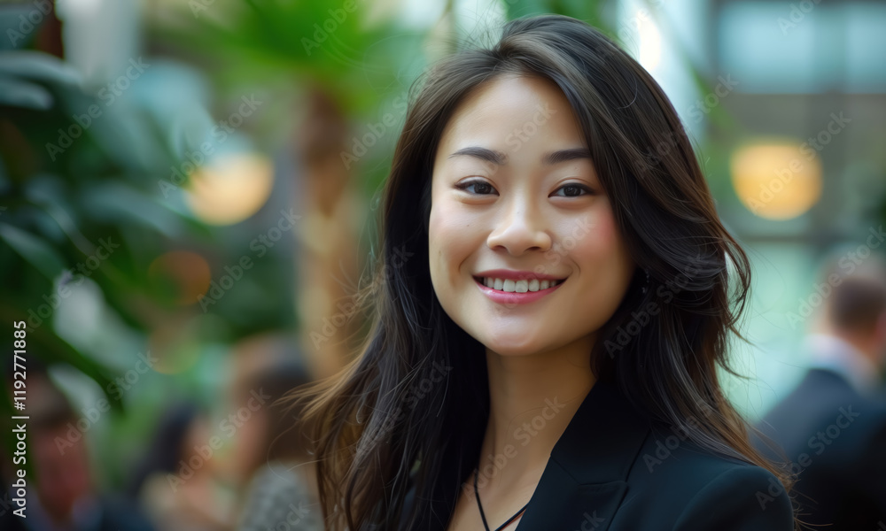 Happy Asian Chinese businesswoman or student smiling, copy space on green plant in office Happy Asian Chinese businesswoman or student smiling, copy space on green plant in office