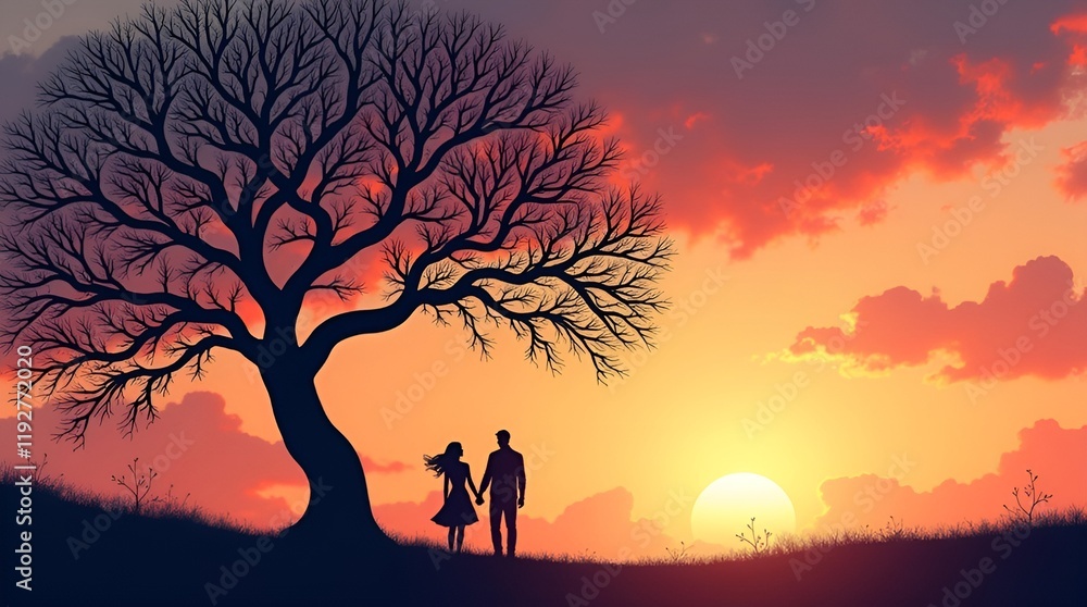 romantic sunset silhouette, couple holding hands, love and romance background, sunset tree silhouette, romantic evening scenery, sunset couple wallpaper, nature love scene, emotional couple art, roman romantic sunset silhouette, couple holding hands, love and romance background, sunset tree silhouette, romantic evening scenery, sunset couple wallpaper, nature love scene, emotional couple art, roman