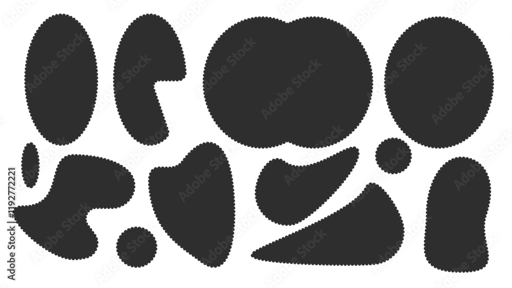 Fototapeta premium Scallop edged frame templates set. Oval and irregular shapes. Geometry borders with perforation. Label textboxes Lace frill pack. Trendy blocks blank layout. Vector flat illustration.