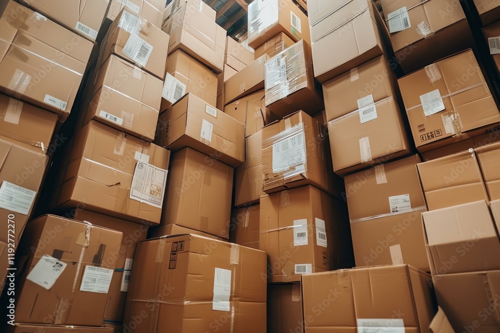 Cardboard boxes stacked high in a warehouse, ready for shipping and delivery Cardboard boxes stacked high in a warehouse, ready for shipping and delivery