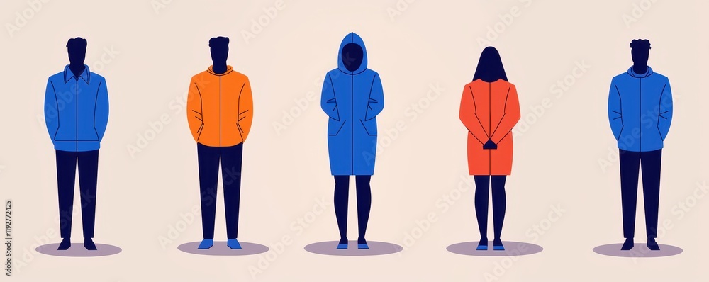 Fototapeta premium Diverse Group of People in Coats Standing Individually Social Distancing Illustration