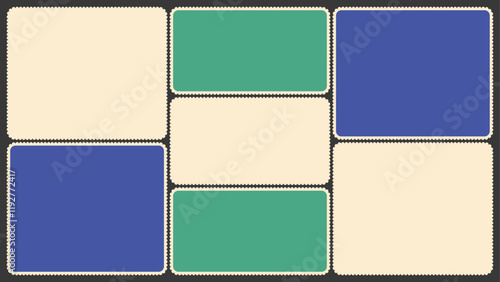 Scallop edged frame templates set. Bento collage grid shapes. Geometry modular moodboard borders with perforation. Label textboxes Lace frill pack. Trendy blocks blank layout. Vector illustration