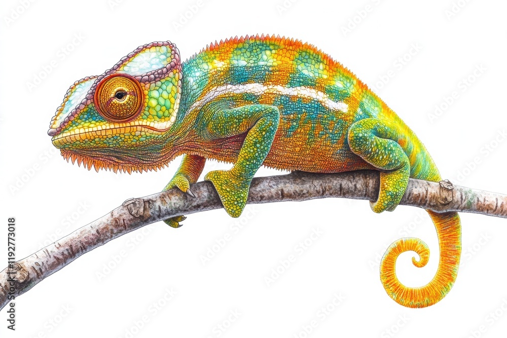 Obraz premium Colorful chameleon perched on a branch with vibrant scales and intricate patterns. Generative AI