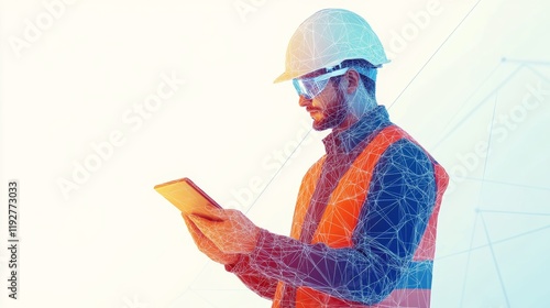 Abstract polygonal isolated engineer in technology style on a white background. Industry safety or architecture concept. Worker in white helmet holding tablet. Low poly wireframe vector illustration. photo