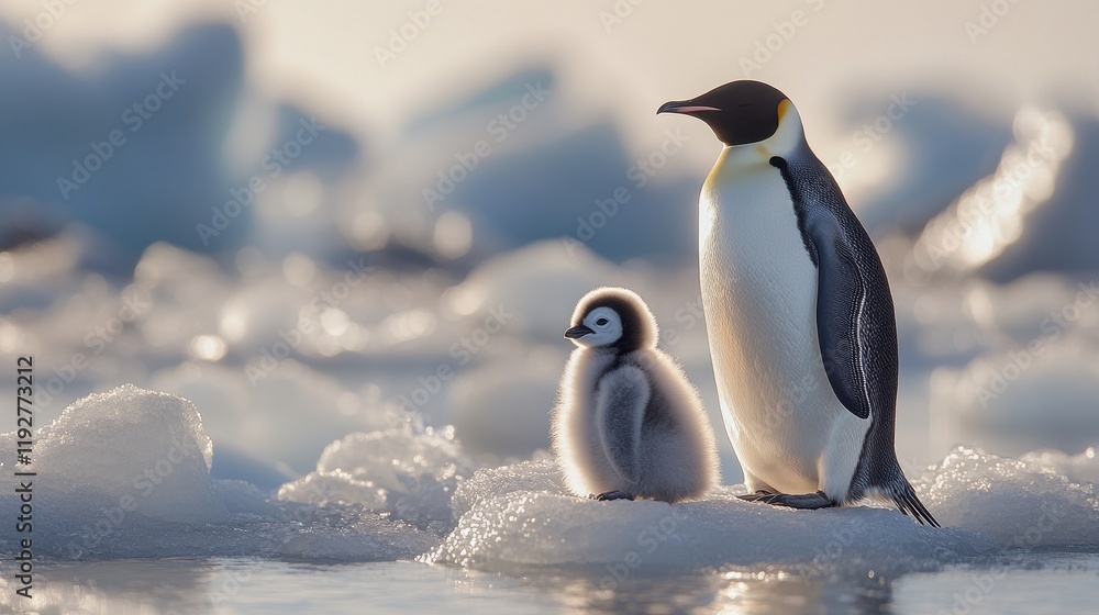Obraz premium Mother Penguin Standing Proudly with Her Chick on Icy Terrain