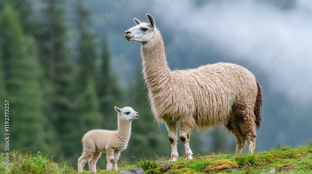 Mother Llama Standing Proudly with Her Baby in Natural Setting Mother Llama Standing Proudly with Her Baby in Natural Setting
