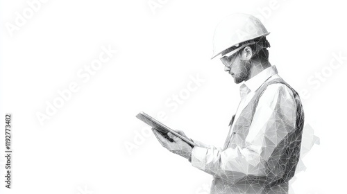 Abstract polygonal isolated engineer in technology style on a white background. Industry safety or architecture concept. Worker in white helmet holding tablet. Low poly wireframe vector illustration. photo