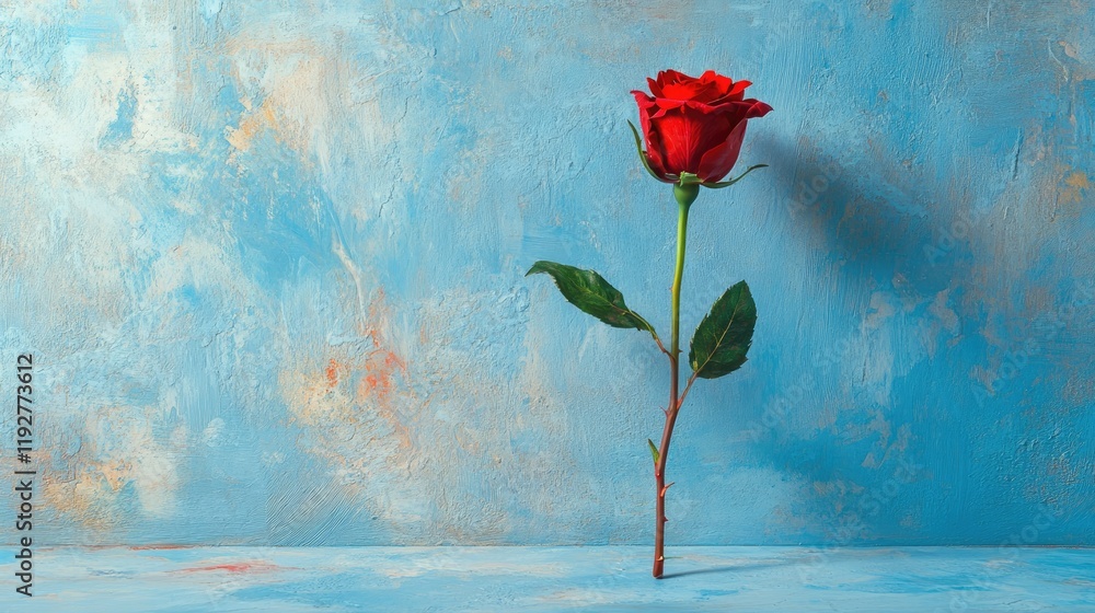 Romantic single red rose on a pastel blue surface, symbolizing love and passion, perfect for Valentine greetings Romantic single red rose on a pastel blue surface, symbolizing love and passion, perfect for Valentine greetings