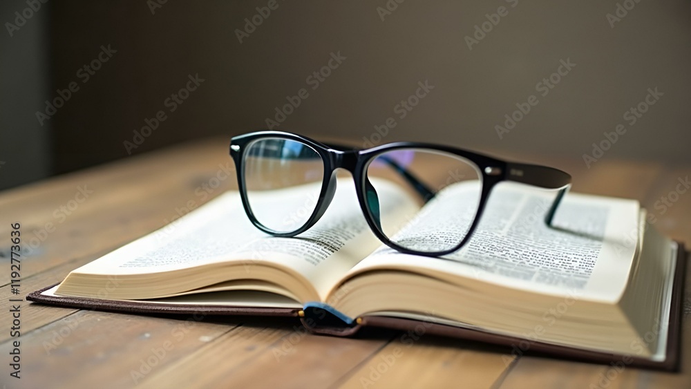 Book with Black-Framed Glasses on Wooden Surface, Intellectual Focus Book with Black-Framed Glasses on Wooden Surface, Intellectual Focus
