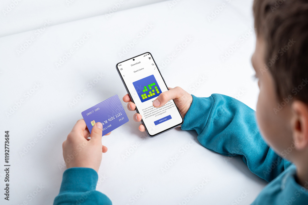 Boy purchasing a mobile game on a smartphone, illustrating the concept of digital payments for apps and gaming content Boy purchasing a mobile game on a smartphone, illustrating the concept of digital payments for apps and gaming content