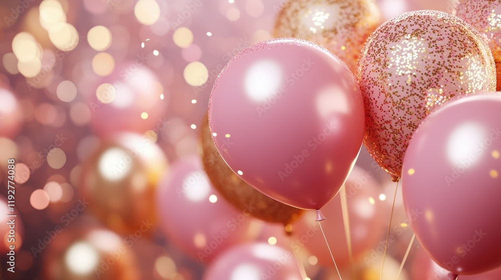 Stylish metallic balloons in pink and gold with sparkling confetti creating a festive and elegant scene for Women Day celebrations Stylish metallic balloons in pink and gold with sparkling confetti creating a festive and elegant scene for Women Day celebrations