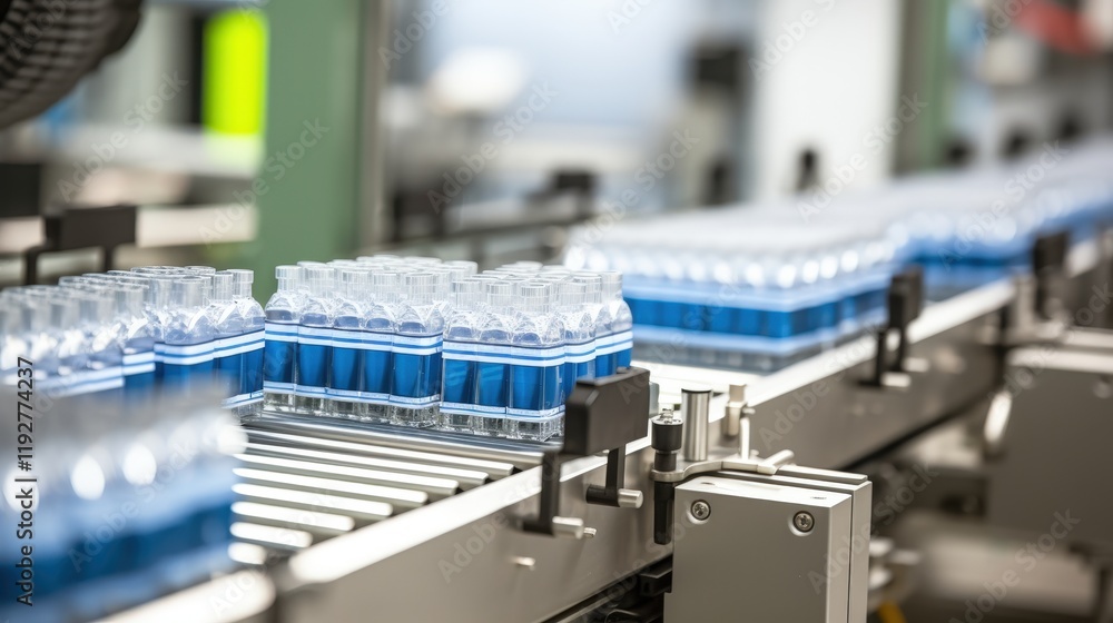 Production Line of Bottled Medicines in a Modern Warehouse Setting with Conveyor Systems and Clear Blue Liquid Production Line of Bottled Medicines in a Modern Warehouse Setting with Conveyor Systems and Clear Blue Liquid