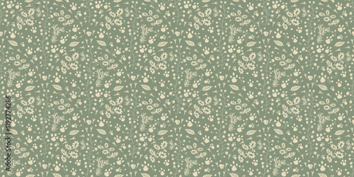 Woodland seamless pattern. Forest simple endless background. Green repeat cover. Surface pattern design cabincore motif. Vector hand drawn illustration.