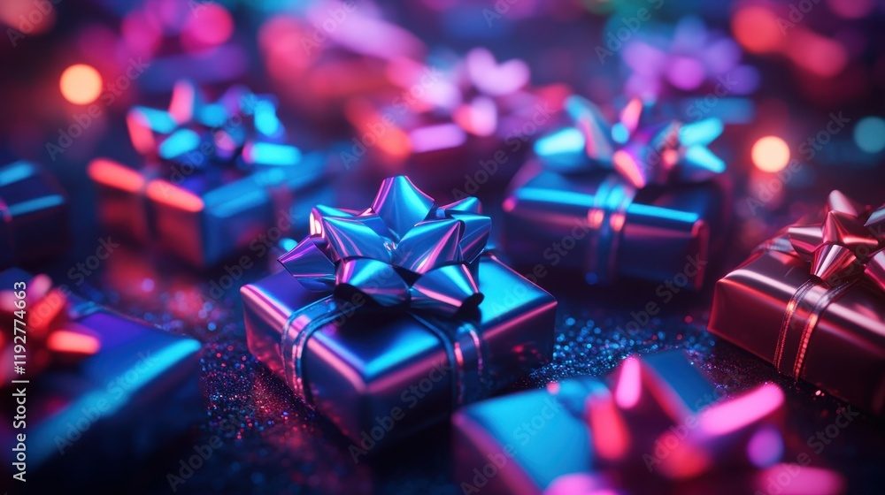 Colorful 3D Rendering of Holiday Presents with Shiny Bows Colorful 3D Rendering of Holiday Presents with Shiny Bows