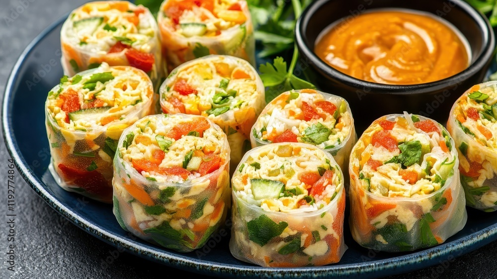Delicious Fresh Vegetable Spring Rolls with Peanut Sauce Close Up Delicious Fresh Vegetable Spring Rolls with Peanut Sauce Close Up