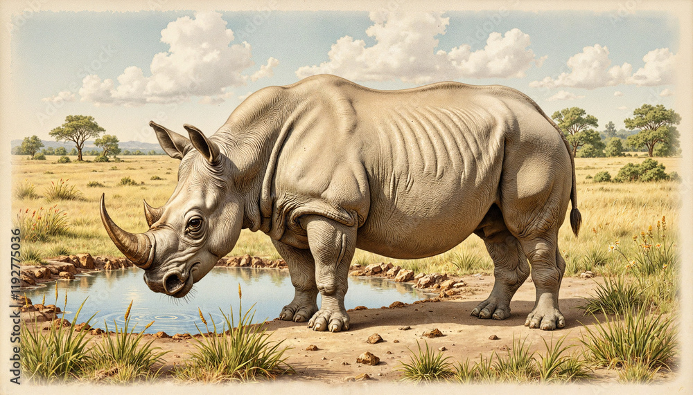 Obraz premium Rhinoceros drinking water by a watering hole in the savanna