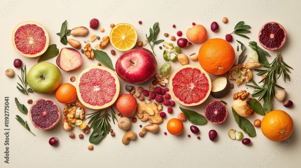 Top-down view of colorful fruits, vegetables, nuts, and seeds styled elegantly on a neutral background Top-down view of colorful fruits, vegetables, nuts, and seeds styled elegantly on a neutral background