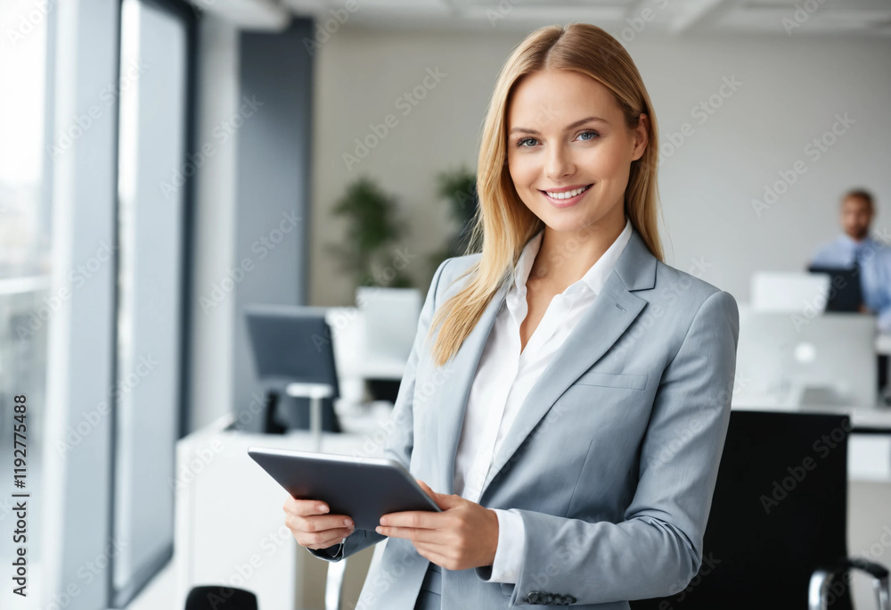 Portrait of happy businesswoman with touchpad in office looking at camera concept Portrait of happy businesswoman with touchpad in office looking at camera concept