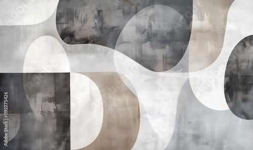 Modern abstract painting, featuring large shapes in gray and white with light brown accents.