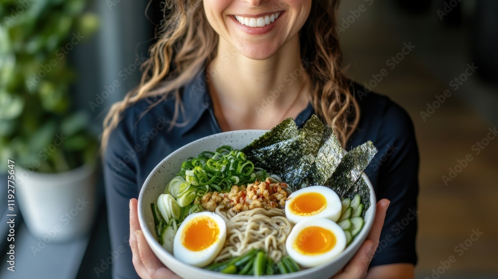 Traditional ramen bowl garnished with eggs, nori, and scallions, captured from an overhead angle Traditional ramen bowl garnished with eggs, nori, and scallions, captured from an overhead angle