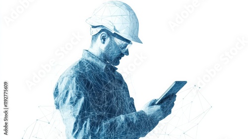 Abstract polygonal isolated engineer in technology style on a white background. Industry safety or architecture concept. Worker in white helmet holding tablet. Low poly wireframe vector illustration.