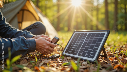 Person charging phone with solar panel in forest setting