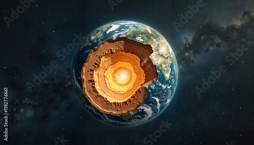 Gleaming Earth with inner layers against a cosmic background