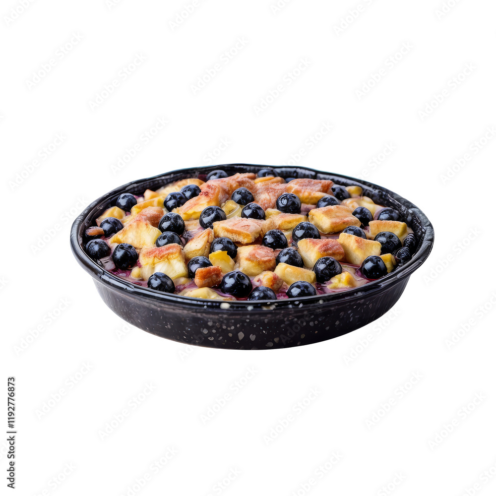 Berry Delight: A delectable, freshly baked dessert featuring golden, crispy bread cubes and plump, juicy blueberries nestled in a sweet, syrupy base, offering a rustic, comforting appeal. Berry Delight: A delectable, freshly baked dessert featuring golden, crispy bread cubes and plump, juicy blueberries nestled in a sweet, syrupy base, offering a rustic, comforting appeal.