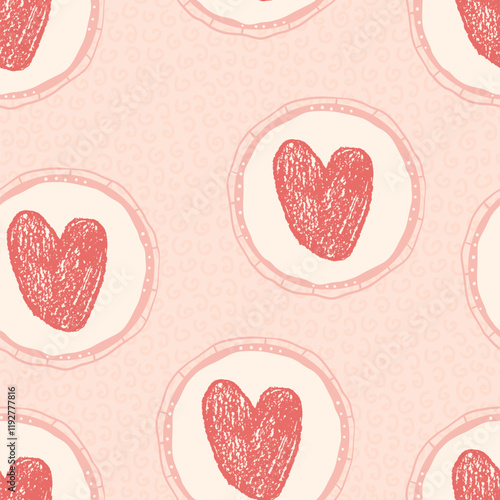 Hearts in circular vintage frame seamless pattern. Valentines day coquette repeat background. Love symbols endless backdrop. Romantic retro date motif. Vector hand drawn illustration.