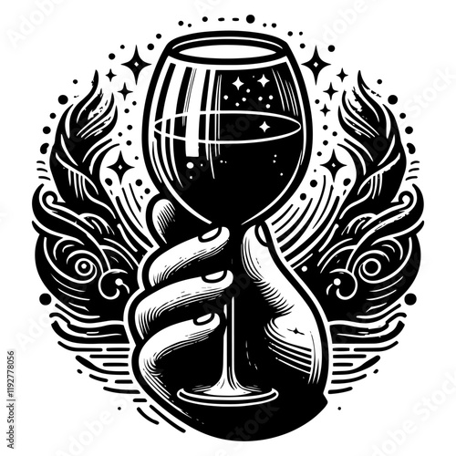 Hand Holding Wine Glass engraving vector