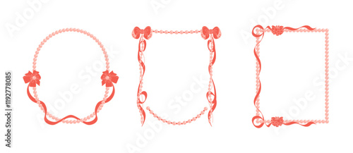Vintage hand drawn frames with bows and pearls. Bows and pearl beads. Elegant Coquette template for greeting cards, weddings, birthdays, invitations. Isolated white background. Copy space.