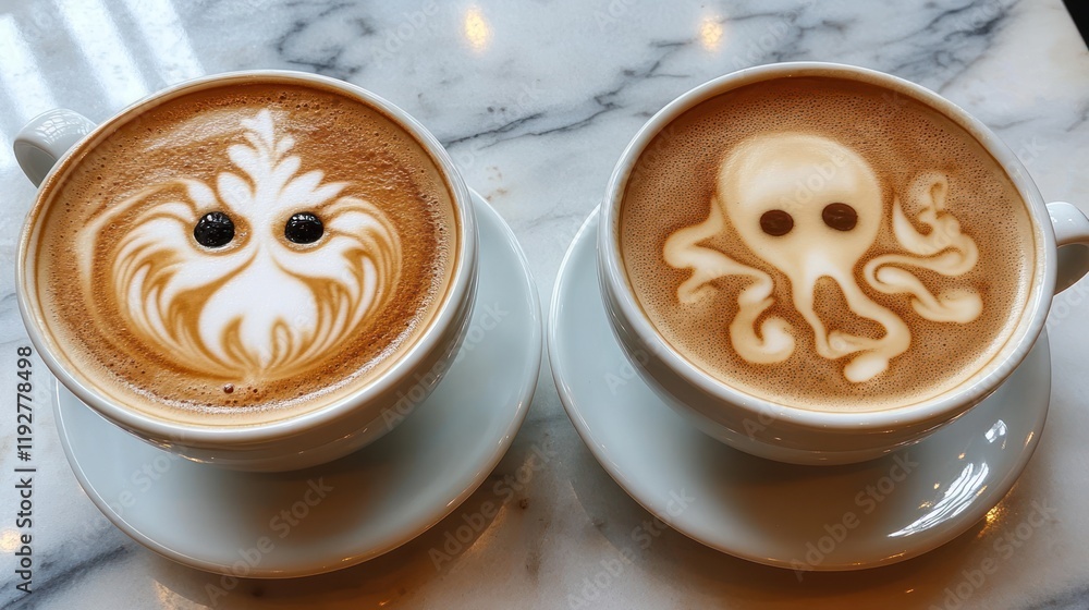 Latte art, owl, octopus, cafe, marble table, coffee shop, menu Latte art, owl, octopus, cafe, marble table, coffee shop, menu