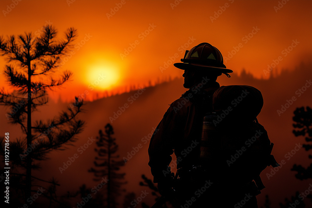 silhouette of firefighter standing guard at sunset during forest fire silhouette of firefighter standing guard at sunset during forest fire