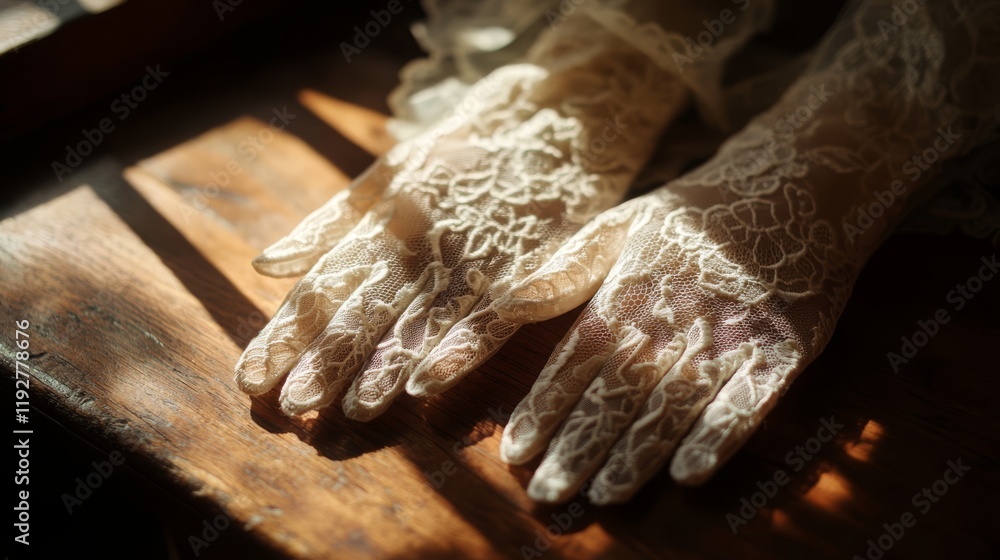 Delicate lace gloves on wooden surface in sunlight Delicate lace gloves on wooden surface in sunlight