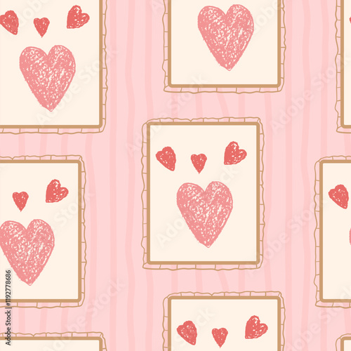 Hearts crayon drawn seamless pattern. Valentines day rectangular frames with love symbols repeat background. Vintage farmhouse backdrop. Romantic date striped wall motif. Vector illustration.