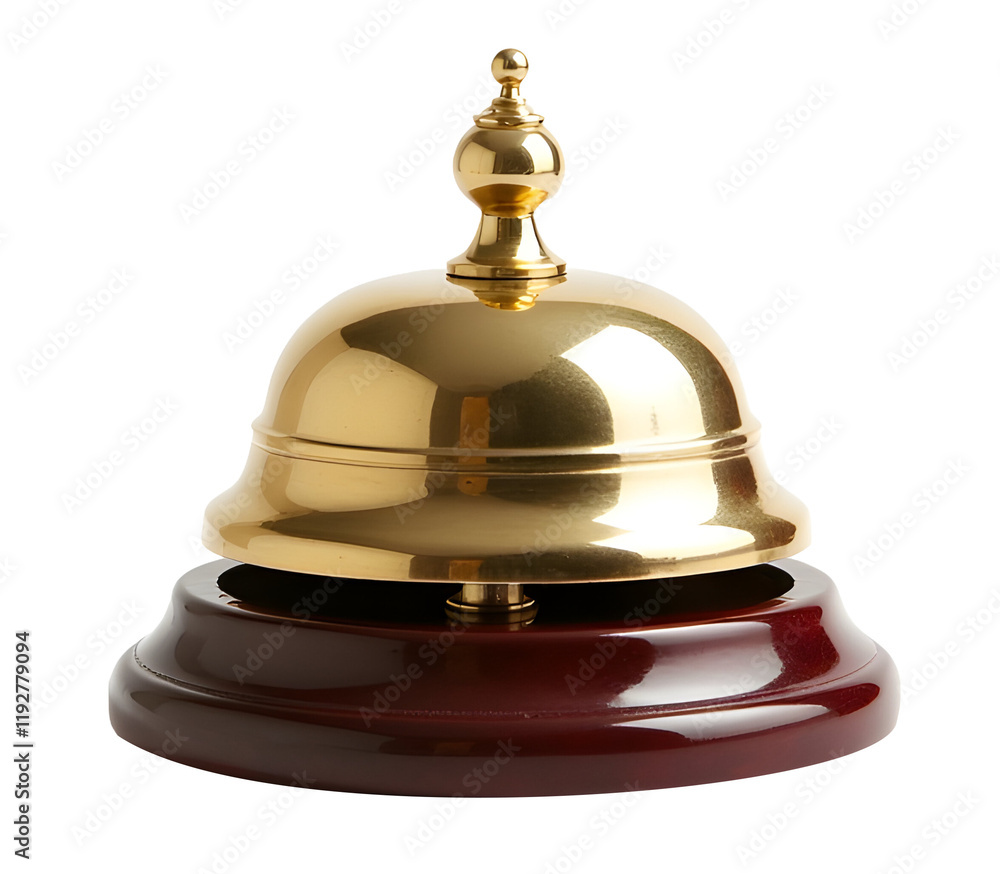 Classic Hotel Service Bell: A traditional gold-toned service bell, a symbol of hospitality and service. Its polished surface reflects the light. Classic Hotel Service Bell: A traditional gold-toned service bell, a symbol of hospitality and service. Its polished surface reflects the light.
