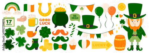 St. Patrick's day stickers set. Ireland holiday lucky item, fortune symbols, luck shamrock, rainbow, pot gold coins, clover, horseshoe, leprechaun, beer party. Flat Vector illustration isolated