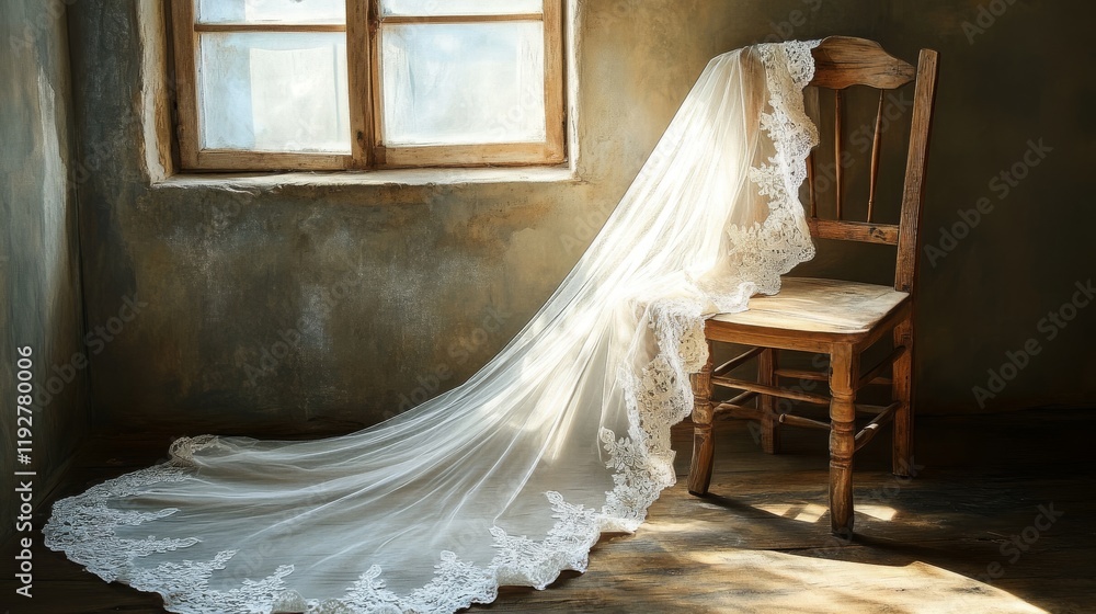 Elegant lace wedding veil draped over rustic wooden chair by sunlit window Elegant lace wedding veil draped over rustic wooden chair by sunlit window