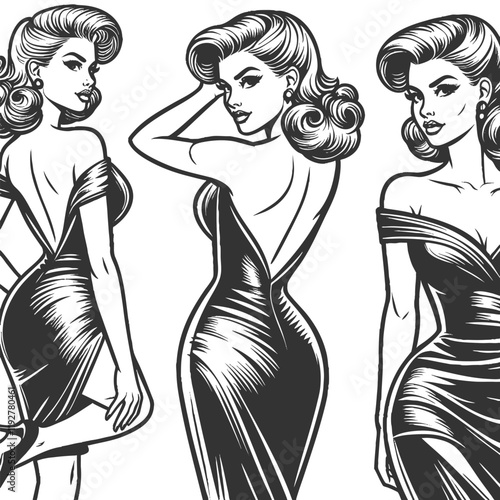 pin-up woman in a form-fitting dress, posing, vintage fashion sketch engraving generative ai fictional character vector illustration. Scratch board imitation. Black and white image.
