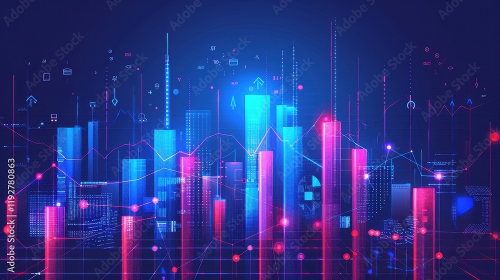 Futuristic city skyline with glowing data visualizations and graphs, showcasing technology and innovation in vibrant blue and pink color scheme Futuristic city skyline with glowing data visualizations and graphs, showcasing technology and innovation in vibrant blue and pink color scheme