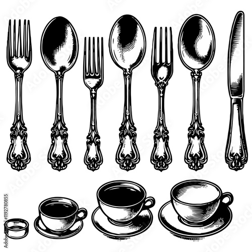 Vintage Cutlery and Teacups engraving vector