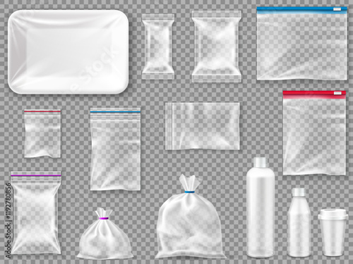 Polypropylene plastic packaging sacks, tray, cup. Vector set