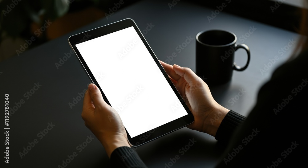 Person holding a tablet with a blank screen, ideal for digital content Person holding a tablet with a blank screen, ideal for digital content