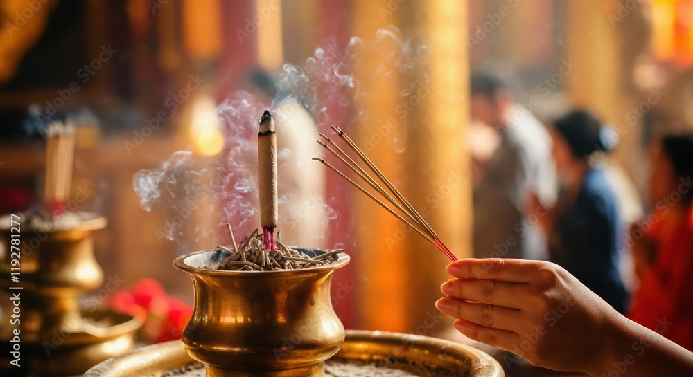 Hand placing incense sticks in a traditional offering bowl Hand placing incense sticks in a traditional offering bowl