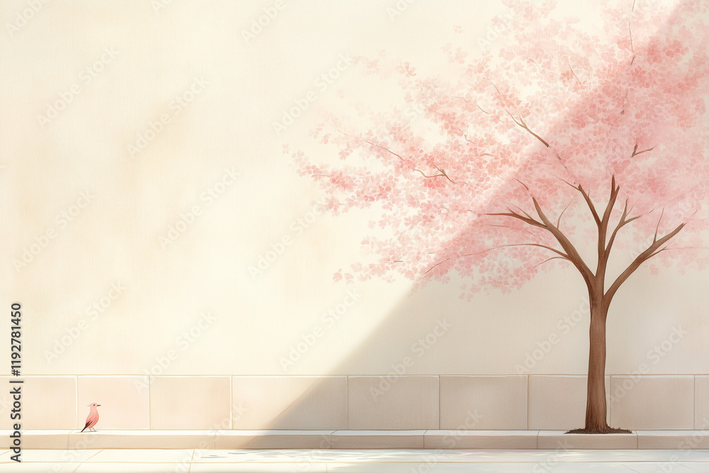 Obraz premium minimalist spring scene with cherry blossom tree casting shadow on concrete wall