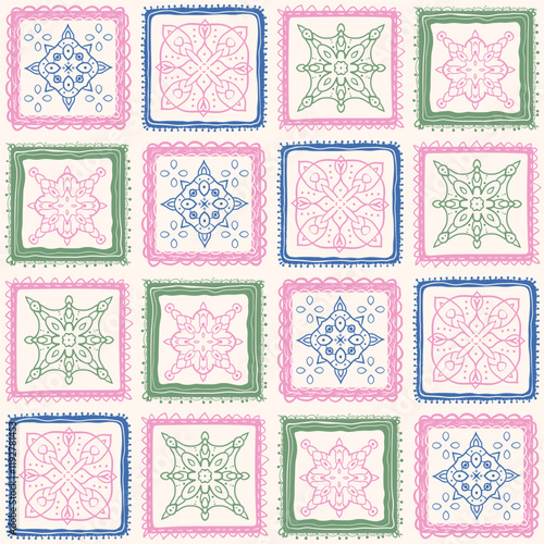 Backsplash preppy seamless pattern with abstract ornament. Geometric scribble endless background. Tile repeat cover. Abstract continuous ornament. Vector hand drawn flat illustration.