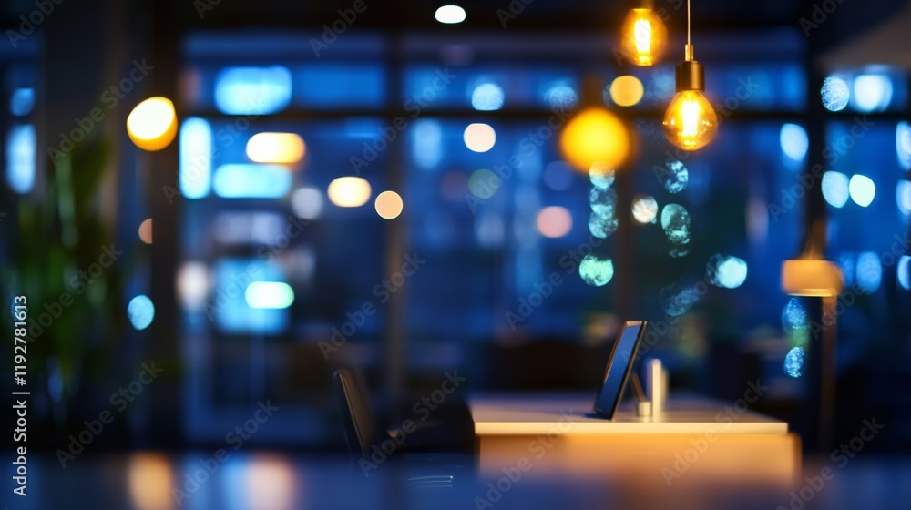 Fototapeta premium at night beautiful Abstract blurred office interior room. blurry working space with defocused effect