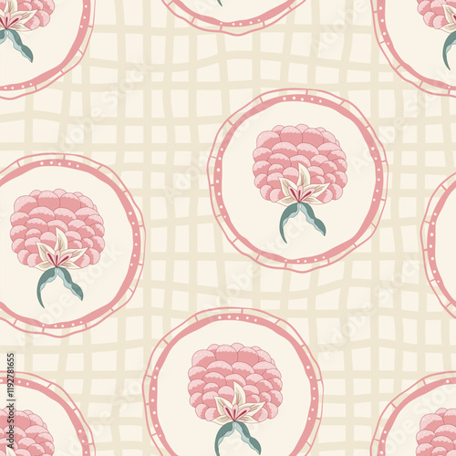 Indian chintz modern style seamless pattern. Plaid flower in retro frame endless background. Floral repeat cover. Farmhouse peony continuous ornament. Vector hand drawn illustration.