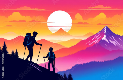 Silhouette of a father and son tourists on the top of a mountain against the sunset. Conceptual image of overcoming difficulties, family travel